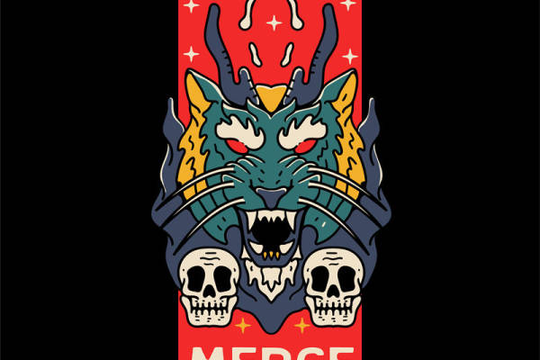 暗黑风格龙头三头骨印花图案，适合服装裁片印花