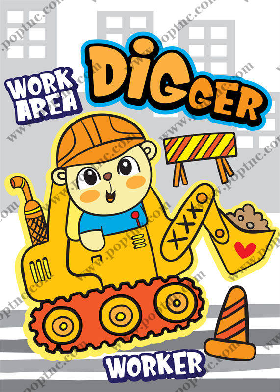 卡通挖掘机图案服装印花裁片设计素材