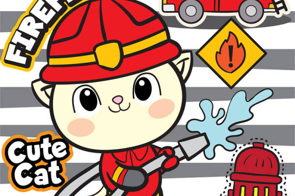 卡通消防员图案裁片印花，创意服装印花设计