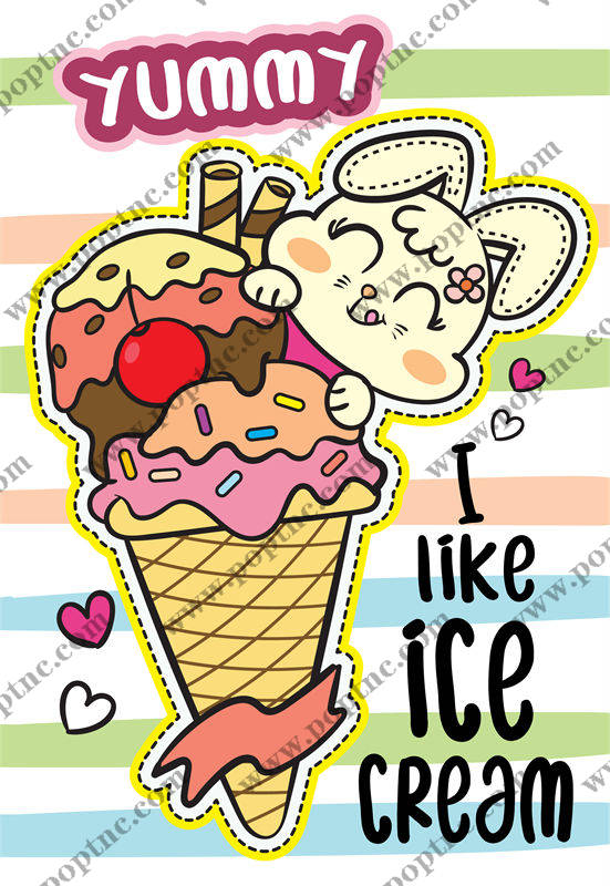 可爱猫咪冰淇淋图案裁片印花,打造夏日清凉服装