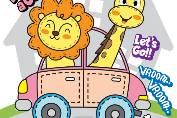 卡通动物驾驶汽车的可爱服装印花