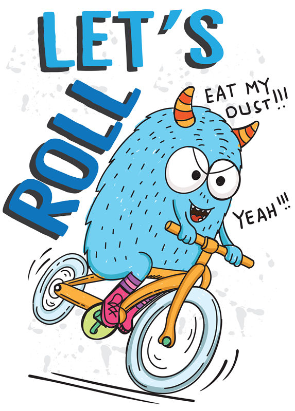 蓝怪兽骑行图案裁片印花，服装印花新选择