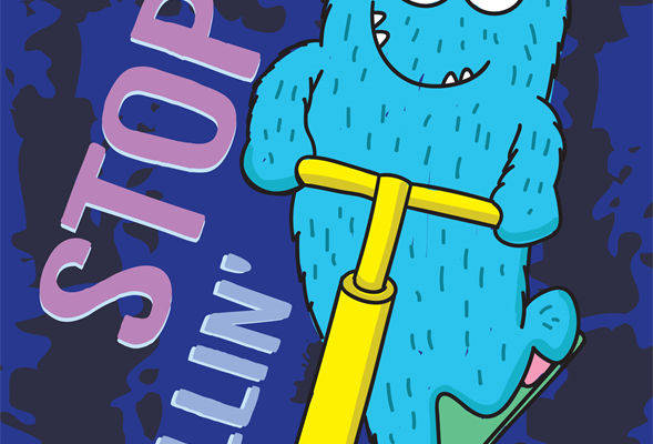 卡通怪兽骑滑板裁片印花，创意服装印花设计灵感