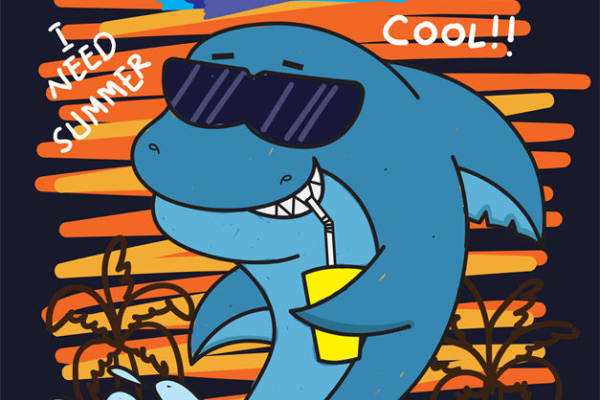 夏日海滩风情卡通鲨鱼印花图案，适合服装裁片印花设计