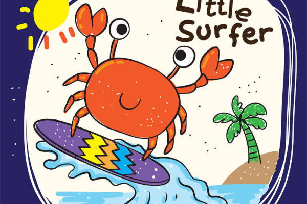 趣味螃蟹冲浪图案，服装印花裁片设计灵感