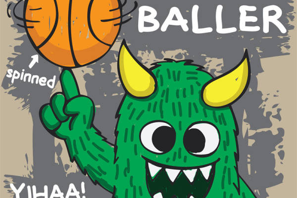 卡通怪兽篮球印花裁片，创意服装印花素材