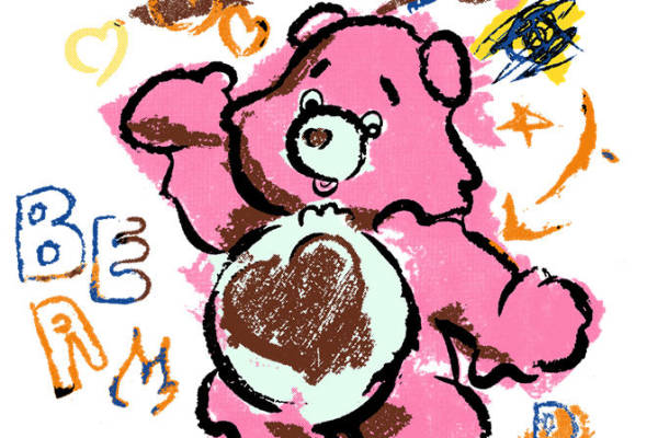 粉色心形熊印花：可爱服装印花设计