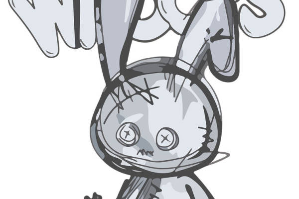 裁片印花：灰白骷髅兔，恐怖风格服装印花