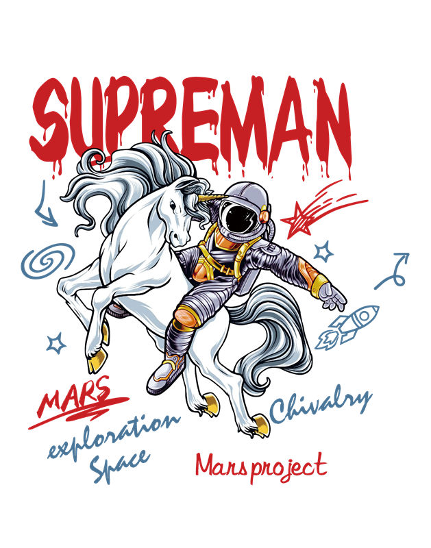 未来太空骑士与战马的创意服装印花