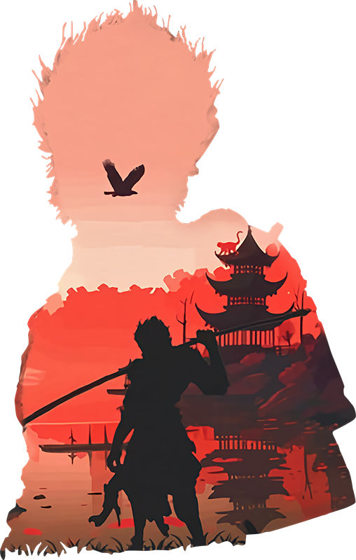 东方古韵：剪影武士与飞鸟的服装印花设计