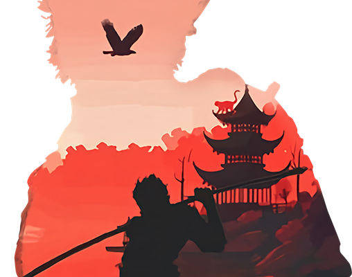 东方古韵：剪影武士与飞鸟的服装印花设计