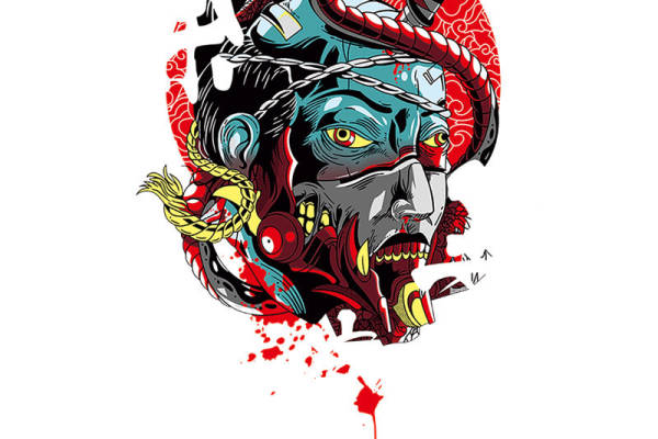 传统武士头盔图案裁片印花：服装印花新选择