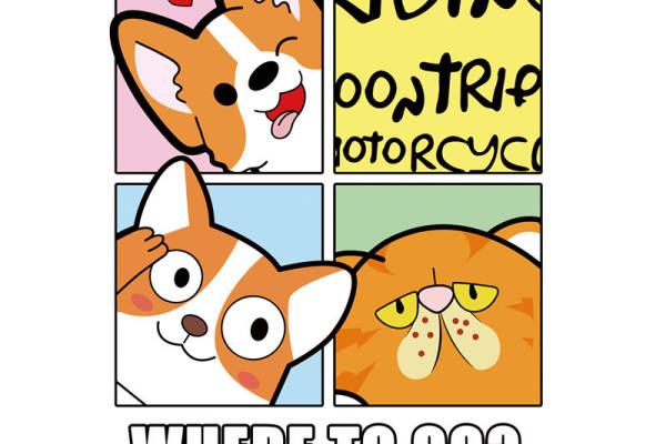 可爱卡通柯基狗与猫咪图案，适合服装印花与裁片印花