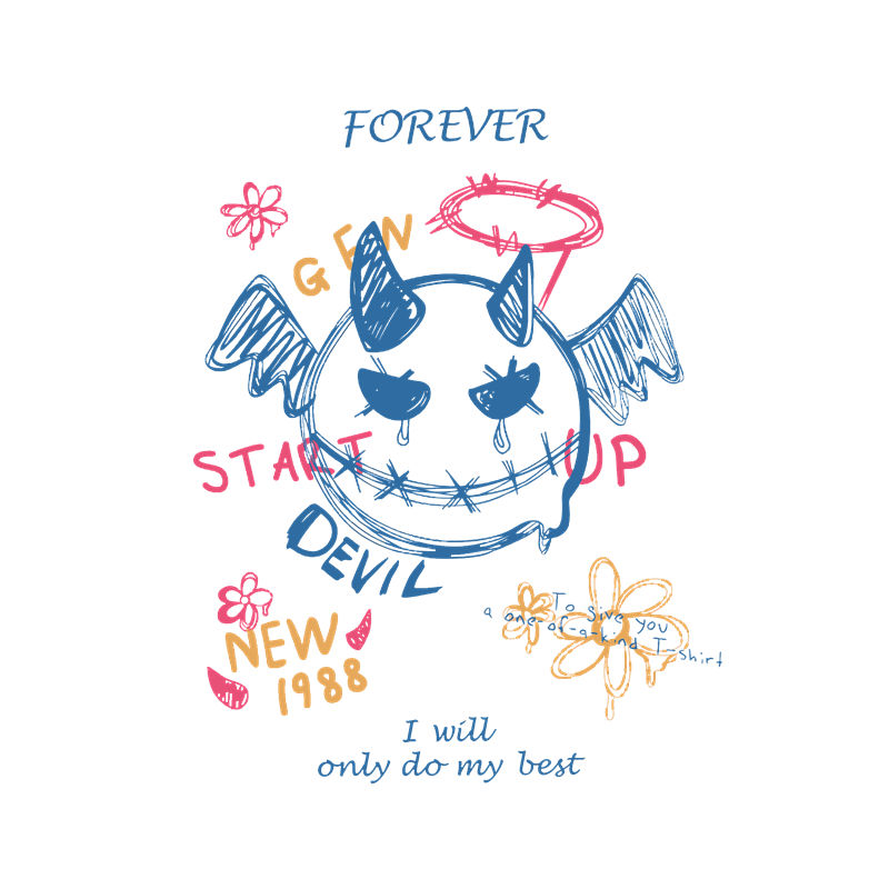 时尚裁片印花：萌趣恶魔花型服装印花