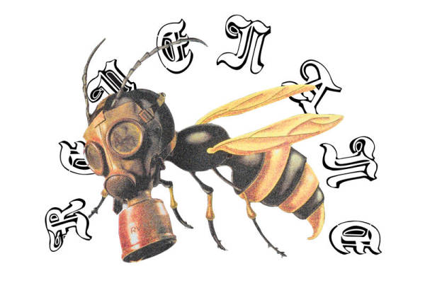 复古风防毒面具蜜蜂图案服装印花裁片