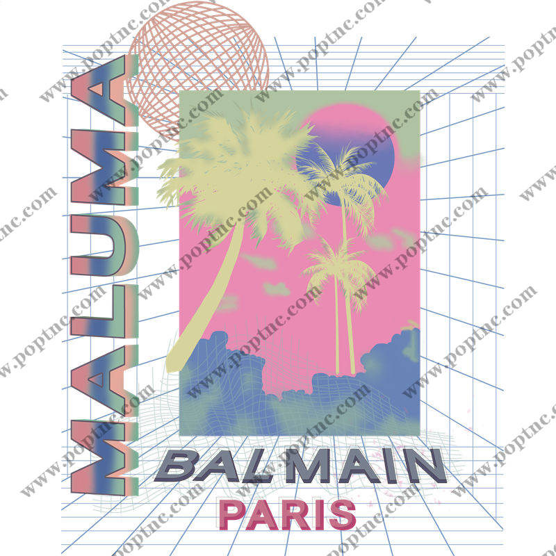 复古80年代风格服装印花素材:棕榈树与夕阳