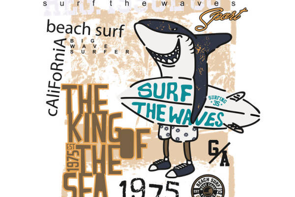 复古加州冲浪鲨鱼图案服装印花