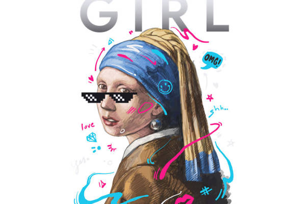 复古珍珠耳环女孩印花裁片，时尚个性服装印花素材