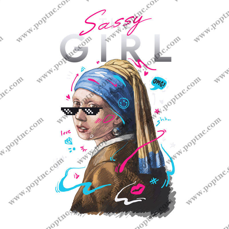 复古珍珠耳环女孩印花裁片,时尚个性服装印花素材