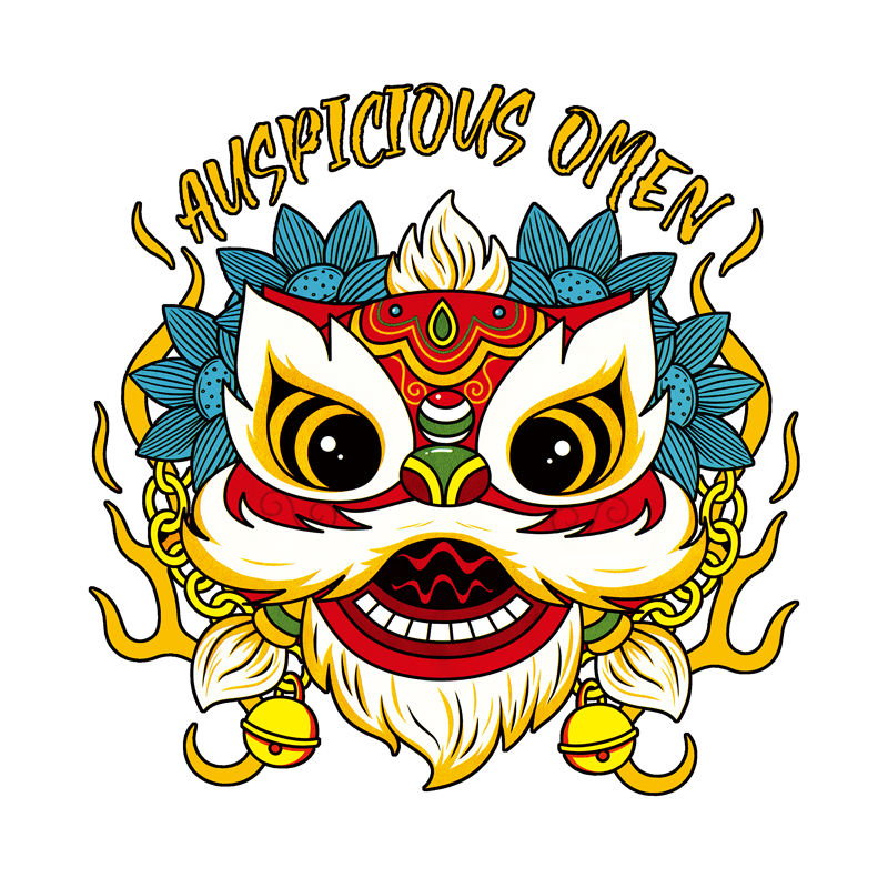传统中国风狮头图案，适用于服装印花设计