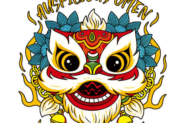 传统中国风狮头图案，适用于服装印花设计