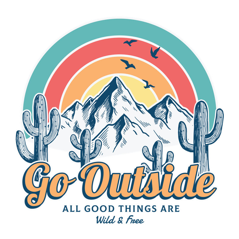 自然山景与仙人掌的户外冒险服装印花