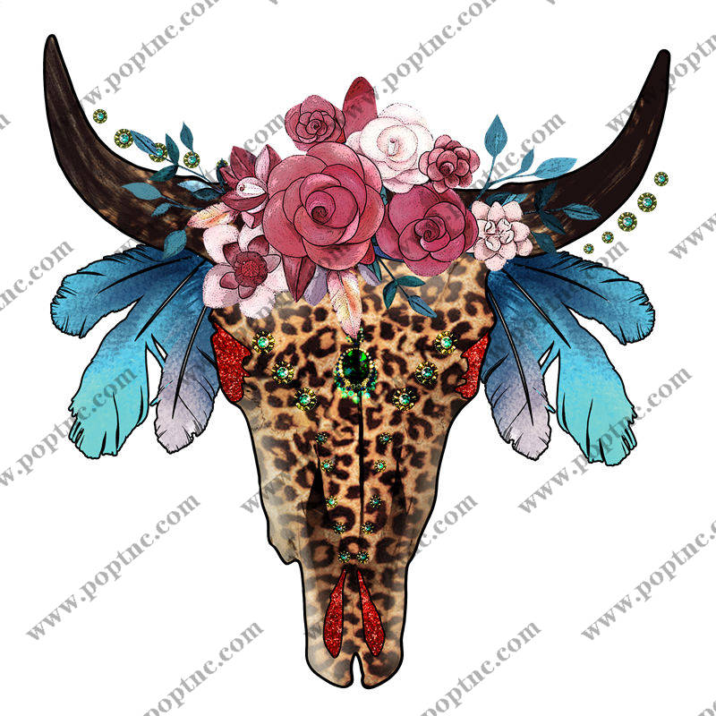 豹纹花卉牛头骨印花裁片,打造个性服装