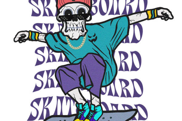骷髅滑板手裁片印花，街头潮流风服装印花
