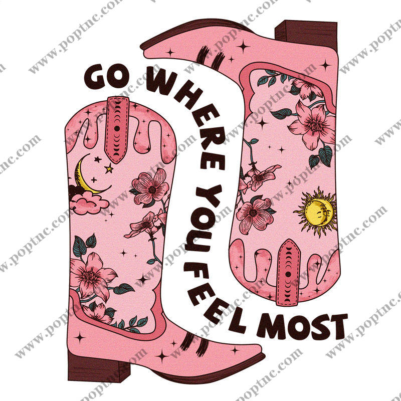 复古粉色牛仔靴印花裁片,打造个性服装