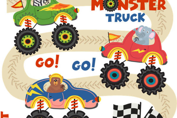 卡通动物赛车图案裁片印花，创意服装印花设计