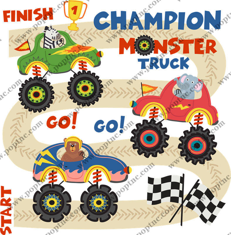 卡通动物赛车图案裁片印花,创意服装印花设计