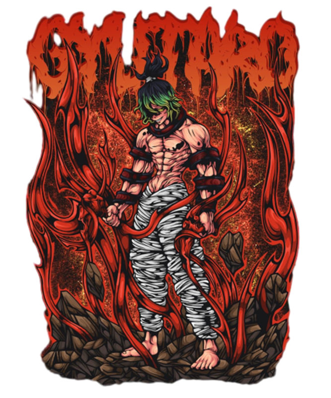 地狱之火裁片印花：燃烧的恶魔图案服装印花