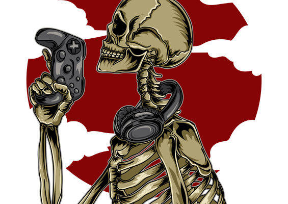 骷髅手握游戏手柄，酷炫服装印花图案
