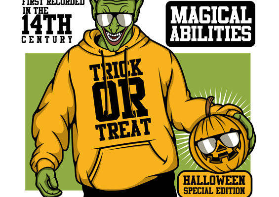 万圣节主题服装印花素材：绿色小鬼与南瓜灯