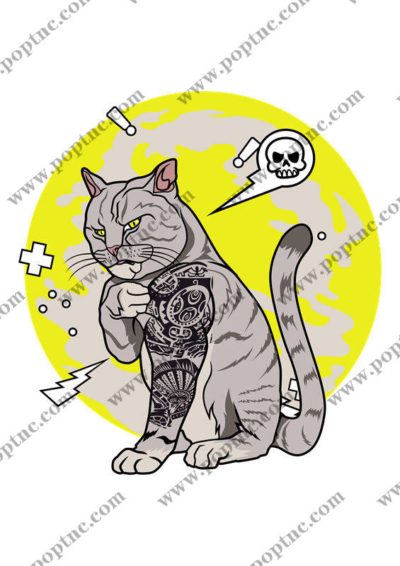 酷炫猫咪纹身图案:服装印花裁片设计灵感