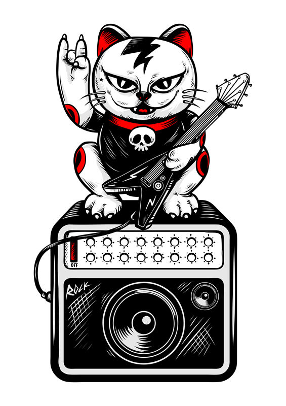 摇滚猫吉他手印花图案，时尚个性服装印花设计