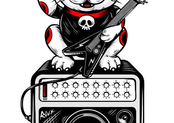 摇滚猫吉他手印花图案，时尚个性服装印花设计