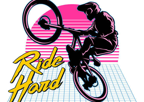 复古80年代风格骑车人图案服装印花