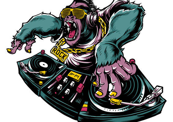 摇滚DJ猩猩裁片印花，个性街头风服装印花素材