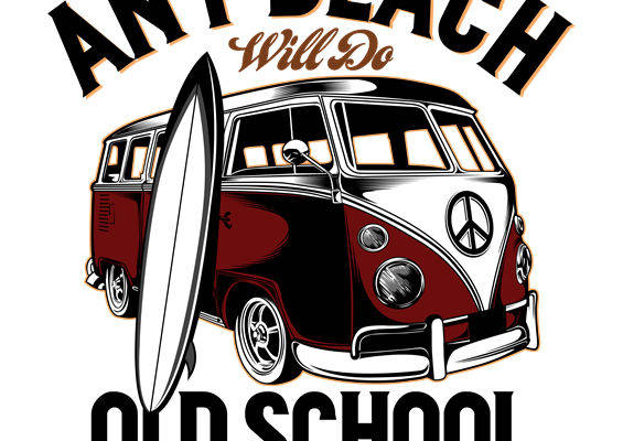 复古校车与冲浪板的夏日风情服装印花