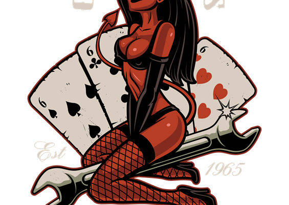 复古红黑恶魔女郎服装印花裁片设计