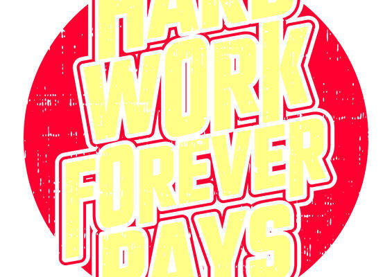 服装印花素材：复古红底黄字硬工永付印花图案