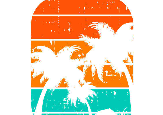 夏日海滩风情服装印花素材，棕榈树与落日完美融合