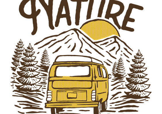 自然山景与复古巴士的服装印花裁片