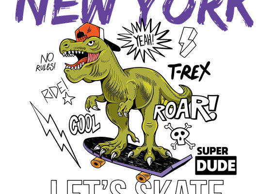 恐龙滑板图案裁片印花，个性街头风服装印花