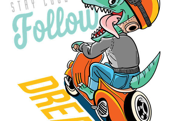 恐龙骑车创意印花图案，时尚服装印花设计