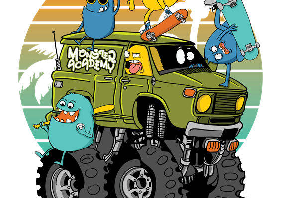 卡通怪兽与越野车的趣味服装印花