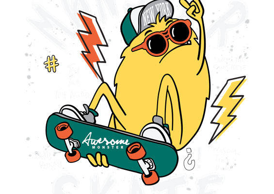 潮酷滑板小怪兽服装印花设计素材