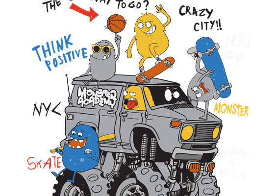 卡通怪兽与越野车的创意服装印花