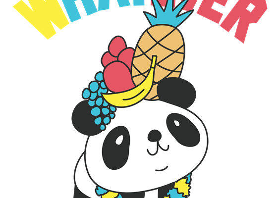 可爱熊猫水果头饰印花图案，适用于服装印花裁片
